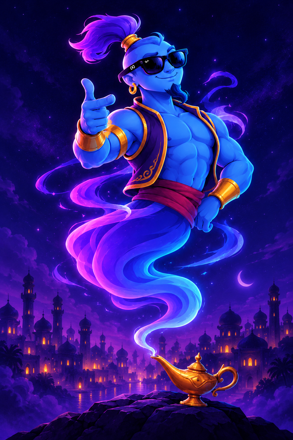 Genne emerging from his magical lamp
